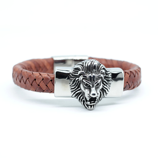 Bransoleta męska skórzana brązowa z lwem KociokwikJewelry