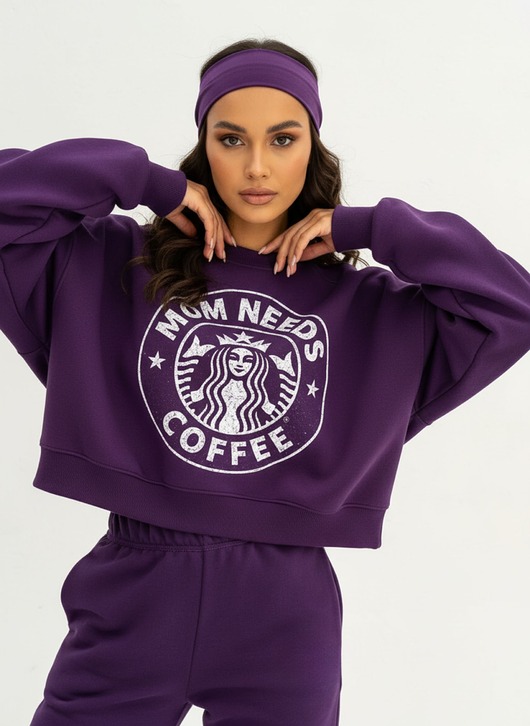 bluza bez kaptura damska Beżowa Damska  Bluza oversize MOM NEEDS COFFEE