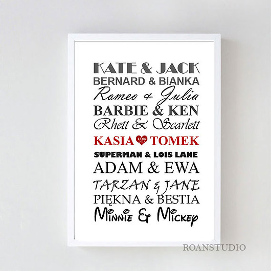 Typograficzny plakat w ramce znane pary, ślub Roan Studio
