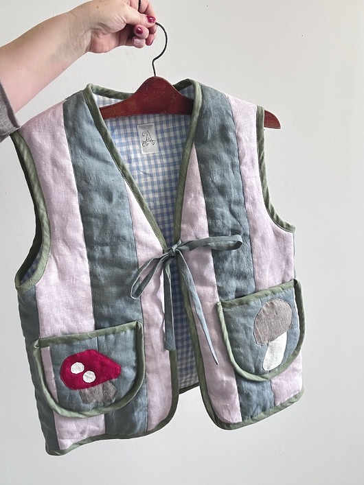 kamizelki damskie Kamizelka lniana patchworkowa Jamnik i muchomor