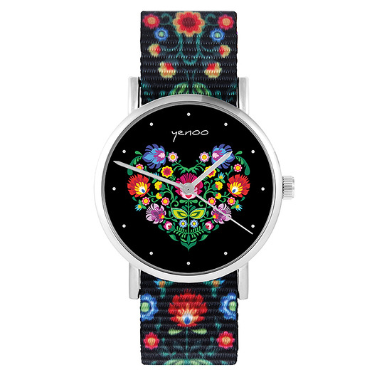 zegarki damskie Zegarek - Serce folk, czarne - folk czarny, nylon