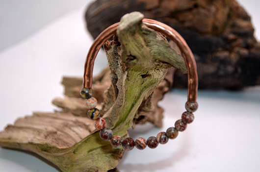 bransoletki - inne Bransoletka miedziana handmade z koralikami: jaspis leopardzi