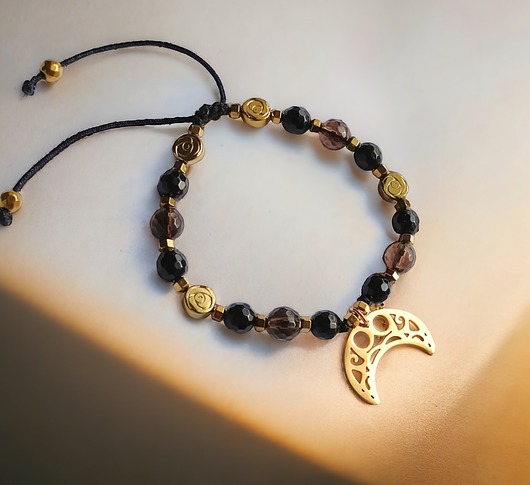 bransoletki z kamieni naturalnych PREMIUM lunula TURMALIN, KWARC DYMNY : pudełko jubilerskie