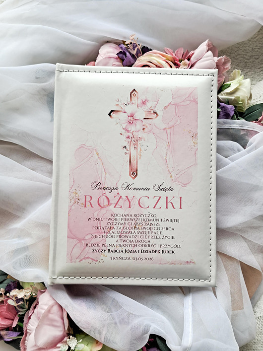 komunia - pozostałe Pamiątka komunijna album Krzyż z dedykacją, prezent komunijny dla dziewczynki