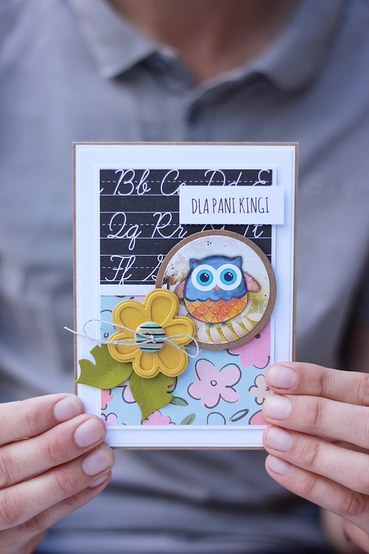 kartki scrapbooking Sówka i litery. Podziękowania dla nauczycieli