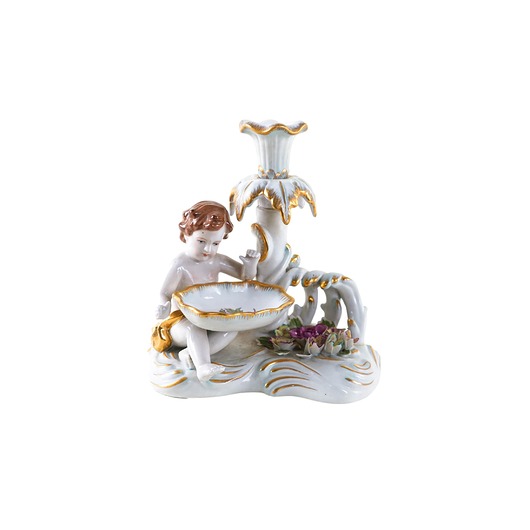 figurki i rzeźby Figuralny świecznik porcelanowy z puttem, przełom XIX i XX wieku