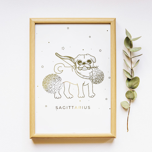 Plakat złocony - Mops Sagittarius PADE SPACE