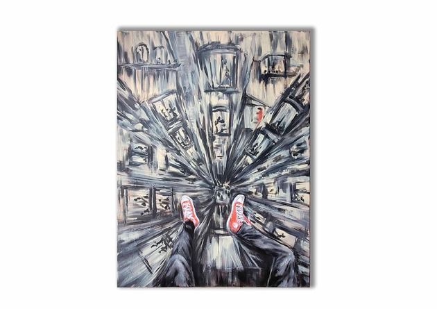 obrazy Obraz akrylowy ręcznie malowany 60x80 cm "Trampki nad miastem"