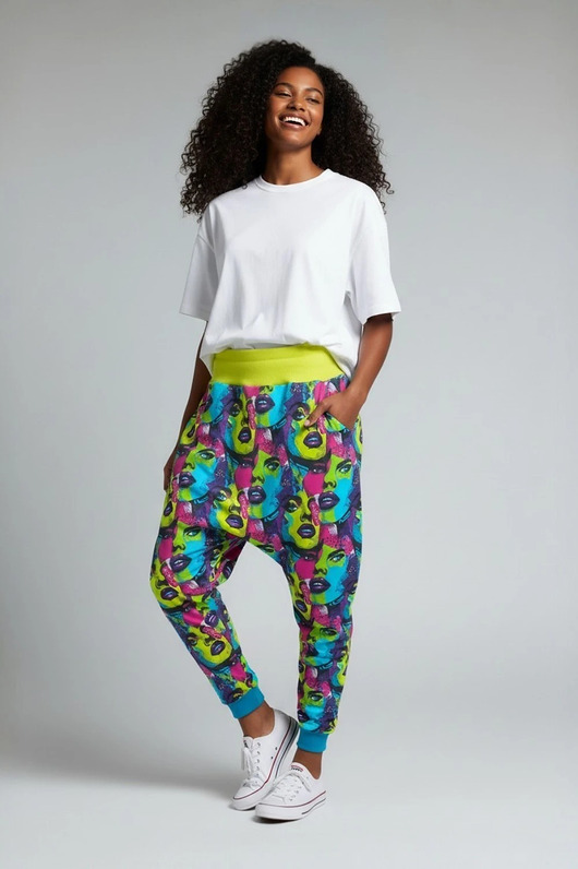 spodnie dresowe damskie Spodnie baggy Mayurasana kolorowe pop art Auri Lili unikat L 40