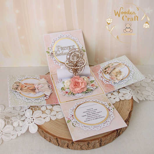 kartki na komunię Exploding box komunijny, kartka na komunię "Rose Wine" GOTOWY