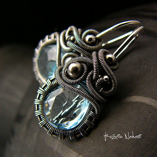 kolczyki wire wrapping Kolczyki Dragony- Sky Blue Topaz Srebro