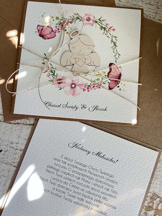 kartki, zaproszenia na chrzest Wyjątkowa ręcznie robiona kartka na chrzest i roczek