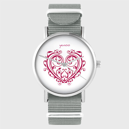 zegarki damskie Zegarek - Serce ornamentowe - szary, nato