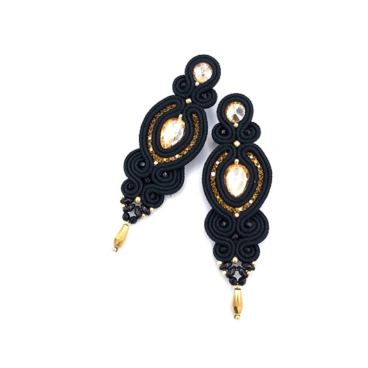 kolczyki soutache Kolczyki sutasz czarne ze złotem Ismara wieczorowe z kryształkami