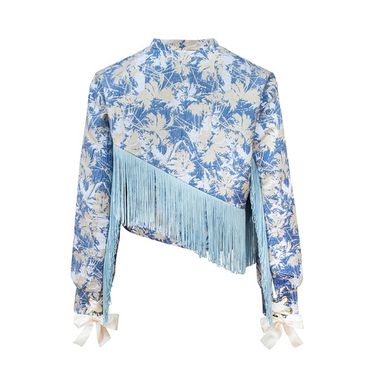kurtki damskie Krótka kurtka w kwiaty z frędzlami CROP BLUE