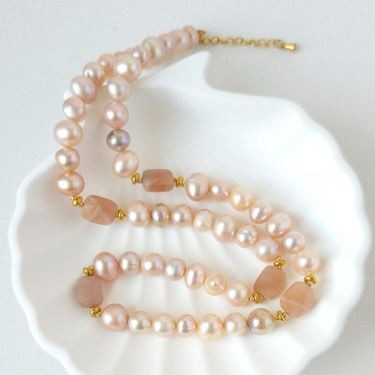korale Naszyjnik z kamieni naturalnych: kamień słoneczny, perły naturalne