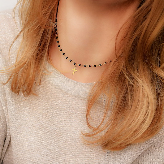 chokery Choker różaniec onyksy cross srebro 925