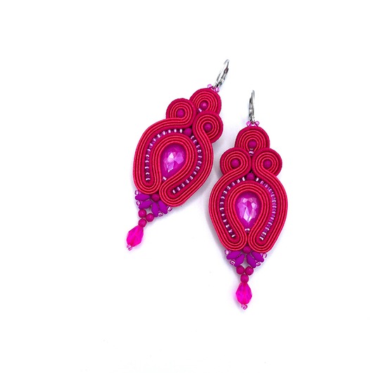 kolczyki soutache Kolczyki sutasz różowe "Verra" eleganckie wieczorowe z kryształkami