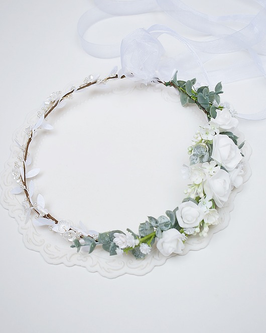 wianki komunijne Delikatny Wianek komunijny dla dziewczynki biel, zieleń, perełki