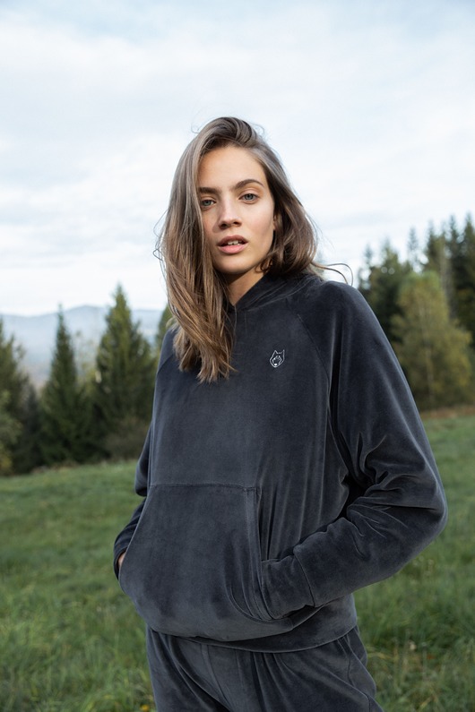 bluza z kapturem damska Welurowa bluza z kapturem-grafitowa(LA-013)