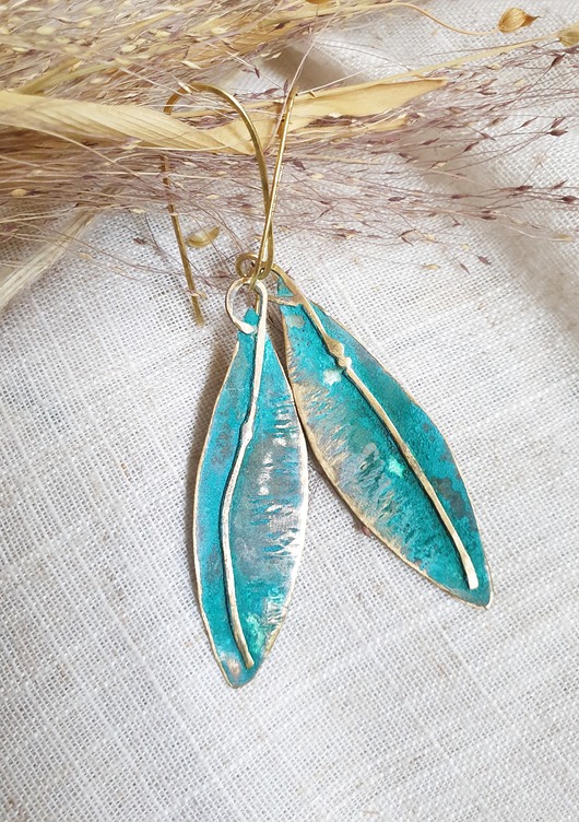 kolczyki z mosiądzu Kolczyki artystyczne patynowane listki z mosiądzu