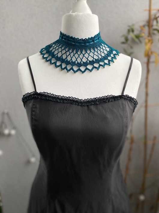 chokery Naszyjnik koronkowy ciemny turkus/morski styl retro