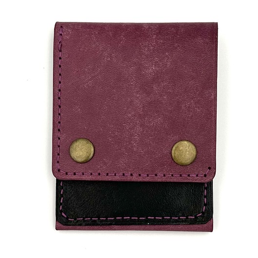 portfele damskie Fioletowo-czarny portfel skórzany ręcznie uszyty na karty.