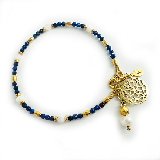 bransoletki z kamieni naturalnych Bransoletka z lapis lazuli , granatowa bransoleta z perłą i rozetą