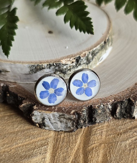 kolczyki z żywicy Kolczyki z kwiatami niezapominajkami srebrne