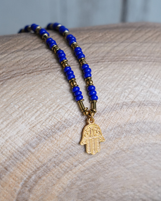 chokery Naszyjnik na lato kobaltowy z hamsą