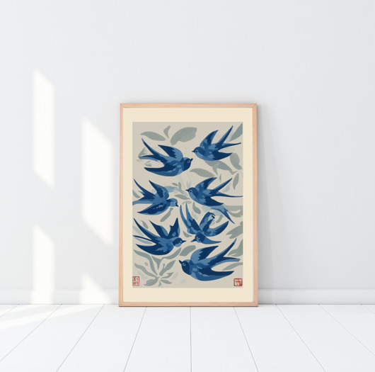 plakaty PLAKAT ptaki, dekoracja ścienna,  jaskółki, vintage rycina japońska