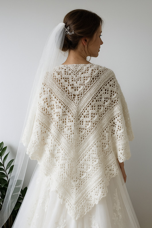 dodatki ślubne Ozdobna biała chusta ślubna Klaziena ręcznie robiona z merino