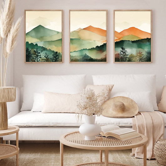 plakaty Plakat Tryptyk Akwarelowy pejzaż w zieleni