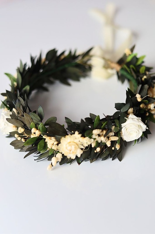 Ślubne ozdoby do włosów Wianek Ślubny, zielony wianek na głowę z wiecznymi różami