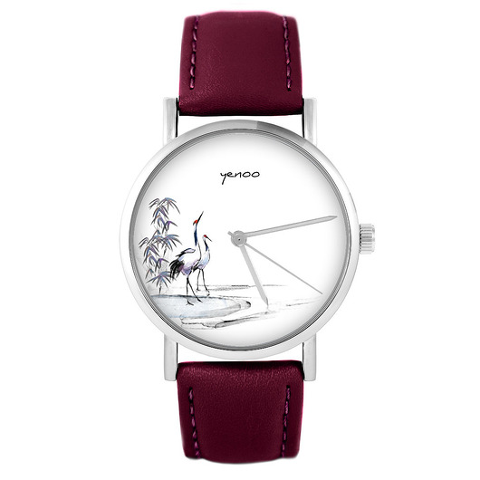 zegarki damskie Zegarek - Żurawie sumi-e - skórzany, burgund