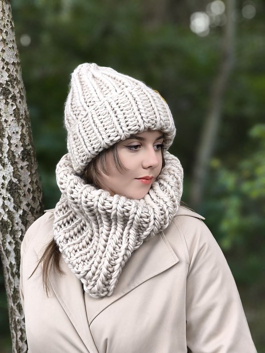 czapki damskie Peruvian WOOLY wełniany komplet zimowy- jasny beż
