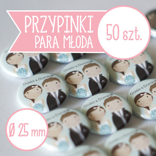 50 szt. przypinki ślubne Młoda Para 25 mm inkipinki