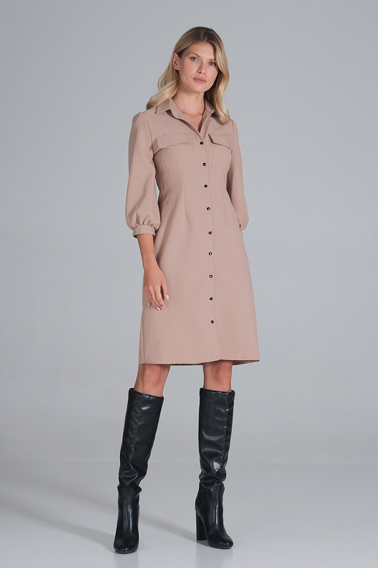 sukienki midi damskie Elegancka sukienka koszulowa midi z bufiastymi rękawami i guzikami - M849