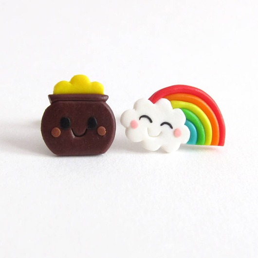 kolczyki z masy plastycznej Śmieszne kolczyki Kawaii Garniec Złota i Tęcza
