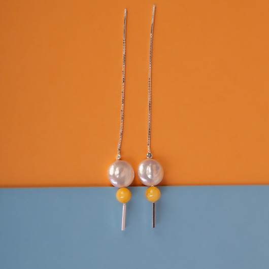 kolczyki srebrne Kolczyki wiszące srebrne z perłą i bursztynem