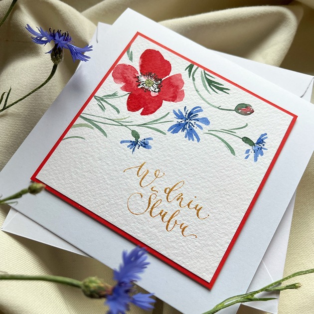 kartki scrapbooking Kartka ślubna ręcznie malowana i kaligrafowana z makami i chabrami