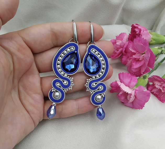 kolczyki soutache Długie kolczyki sutasz na wesele, niebieskie srebrne kolczyki