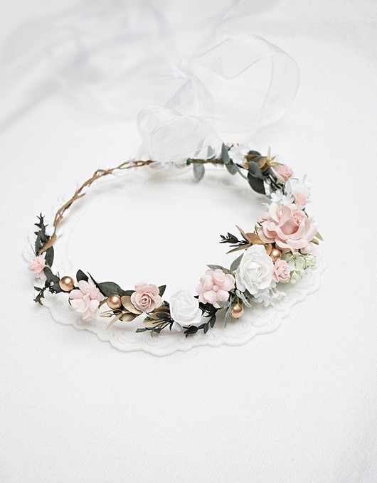 wianki komunijne Wianek komunijny dla dziewczynki pudrowy róż, złoto, gałązki