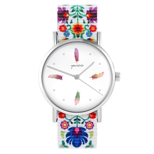 zegarki damskie Zegarek - Kolorowe piórka - folk biały, nato