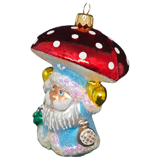 bombki Ręcznie malowana szklana bombka niebieski Mikołaj z grzybowym kapeluszem