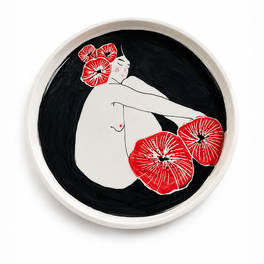 patery i talerze Talerz ceramiczny Kobieta i czerwone kwiaty