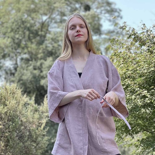 kurtki damskie Długie Kimono lniane brudny roz