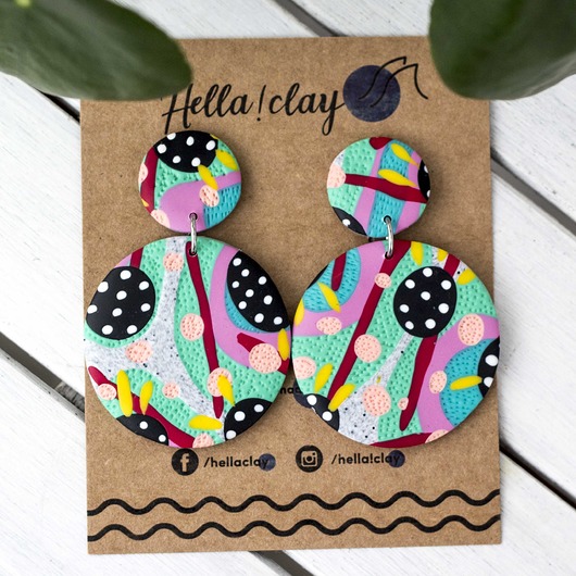 Kolorowe wiszące kolczyki/klipsy handmade Hellaclay