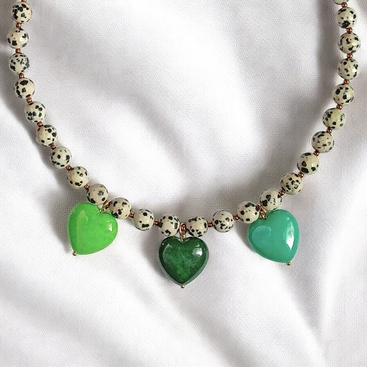 naszyjniki - inne Jaspis dalmatyński i serca : naszyjnik : zieleń