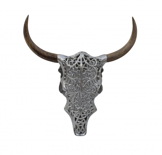 Ozdoby na ścianę Poroże rogi Exotic Bull srebrne drewno mango 57cm